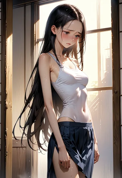 ((masterpiece,Highest quality;1.3,best illustration,realistic)),1woman、独奏,25 year old Japanese beauty,((very small head:1.3)),(center parted bangs,forehead),black hair,long hair,black eyes,gorgeous eyes,tears,shy,sad,medium breasts,((very long body)),((ton...