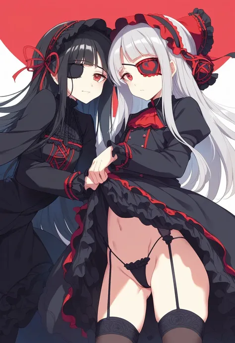 BREAK Perfect Anatomy、(High resolution:1.2)、Incredible illustrations、(Cute illustrations:1.2,nsfw),(yuri,multiple views,)(Beautiful background,)(from below,dutch angle)2gial((shiny hair,hair intakes:1.8,long hair)(doyagao)(Black coat,Gothic Lolita style ba...