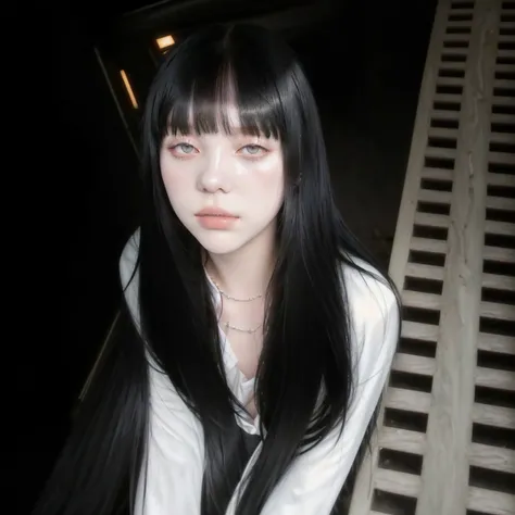 There is a woman with long black hair sitting on a bench, she has black hair with bangs, white hime cut hairstyle, black hair and white bangs, pale and light skin!!, pale gothic beauty, the hime cut, she looks like a mix of grimes, black bangs, with bangs,...