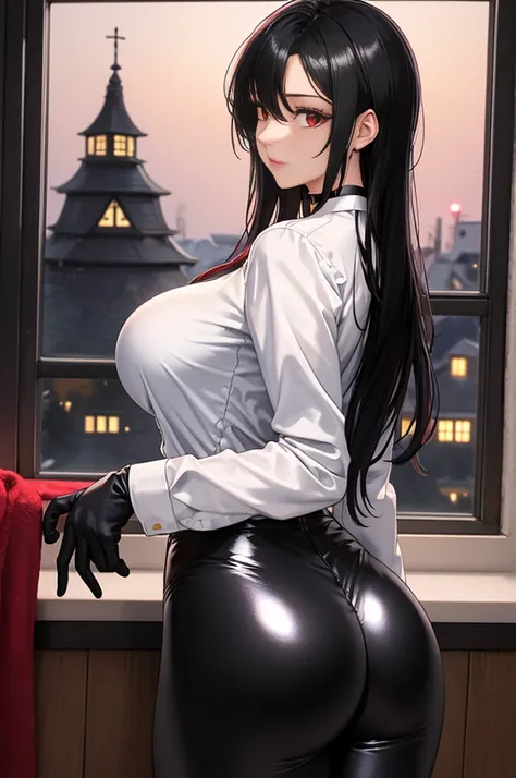 25 year old woman, choker 1:6,  white long sleeve button up shirt, shiny black leggings, black elbow length gloves, big breasts, black hair, long hair, Red eyes, view from behind, perfectly curvy ass,  cabin, low lighting, evening