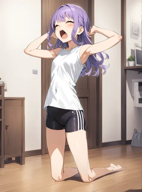 {{Full body view}} {{Artist: Asanagi}} 1girl, Long purple hair, eyes closed, yawning, stretching his arms, tight black sports shorts, white sleeveless t-shirt cut to the navel, Background of a room