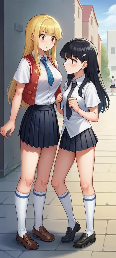 2 girls in, Two girls, opposite each other in a courtyard, High-School-Uniformen, (all girls have the same uniform: 1.8), (A girl has blonde hair & another has black hair: 1.1), grau , (pleated Rock: 2), (Grau Rock: 1.3), (White blouse: 1.25), vest degree,...