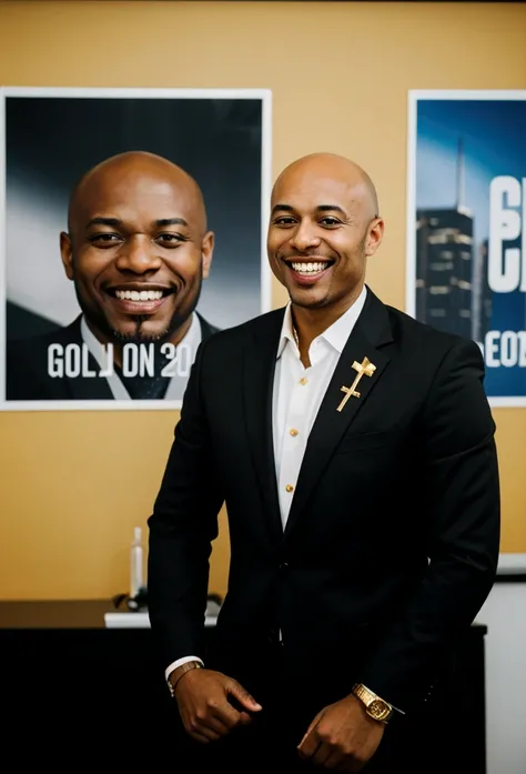 bald black man hip hop executive in suit and tie in large conference room with posters. ((he is smiling with a gold tooth in his mouth:1.2)) 