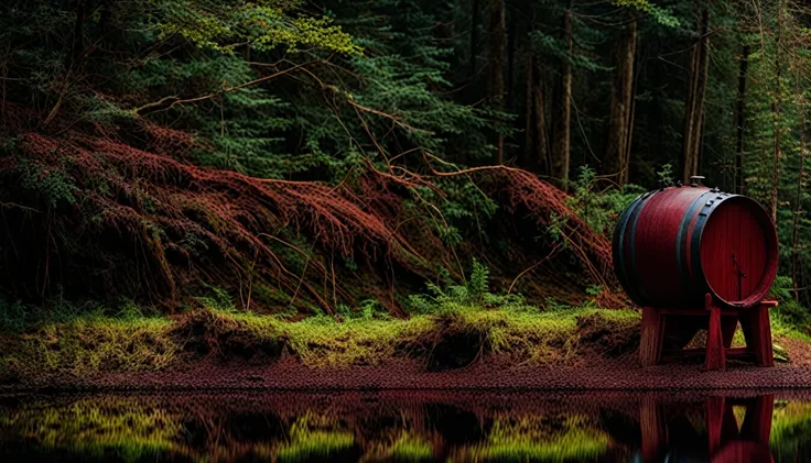 On the left side of the image we have a barrel on the edge of the lake at night that is spilling a dark red liquid. and on the right a forest with a dense and gloomy darkness