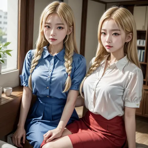 korean blonde woman, using two braids. Bright blue blouse, wearing a red skirt with white.