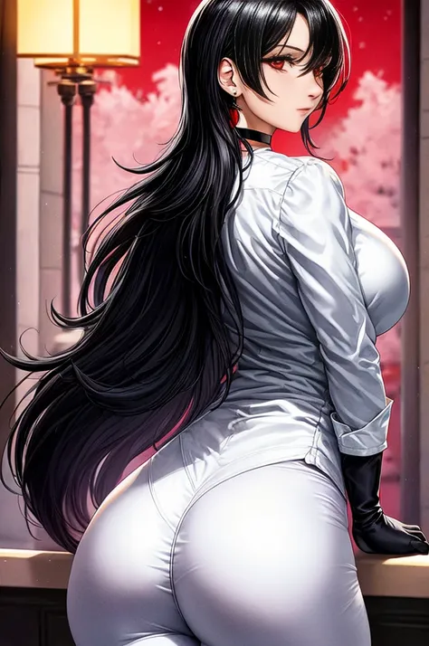 25 year old woman, choker 1:6,  white long sleeve button up shirt, shiny black leggings, black elbow length gloves, big breasts, black hair, long hair, Red eyes, view from behind, perfectly curvy ass,  cabin, low lighting, evening