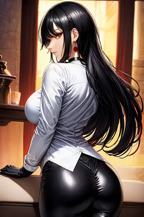 25 year old woman, choker 1:6,  white long sleeve button up shirt, shiny black leggings, black elbow length gloves, big breasts, black hair, long hair, Red eyes, view from behind, perfectly curvy ass,  cabin, low lighting, evening