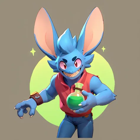 a round creature with blue fur, male, long ears, smiling, sharp teeth, wearing jeans, friendly round creature, holding a green potion in his hand