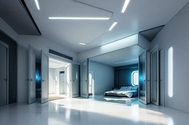 amazing awesome futuiristic sci fi home , amazing lighting, pure white technology style, varying styles, exterior shot taken in ...