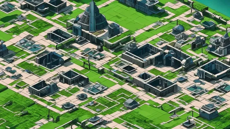 Generate an RPG battle map that is in a futuristic city. on the outskirts of the city, as if it were abandoned.