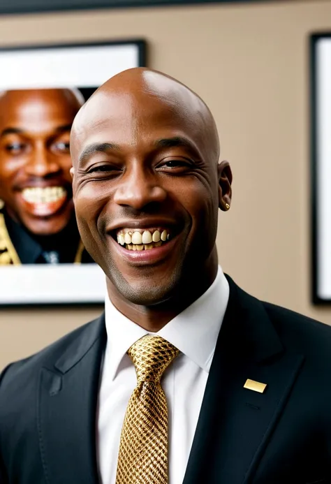 bald black man hip hop executive in suit and tie in large conference room with posters. ((he is smiling with a gold tooth in his mouth:1.2)) 