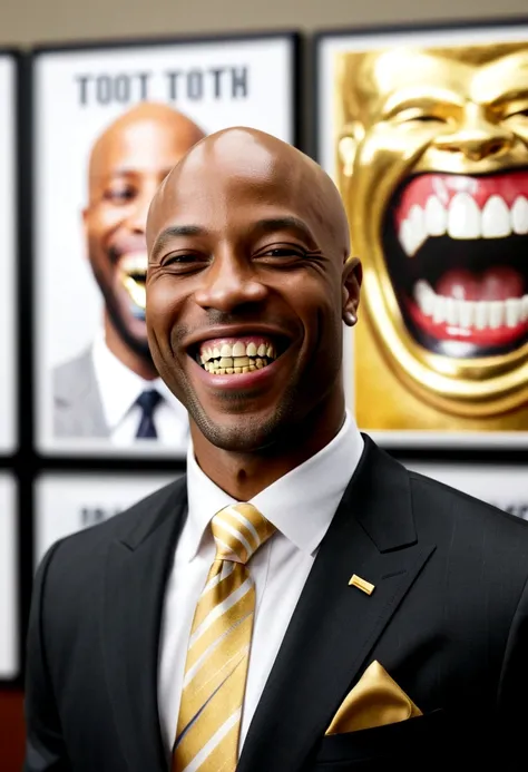 bald black man hip hop executive in suit and tie in large conference room with posters. ((he is smiling with a gold tooth in his mouth:1.2)) 