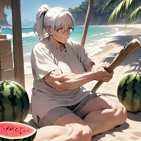 Top quality, masterpiece, 70 years old, muscular old woman, wrinkles on face, glasses, white hair, ponytail, splitting watermelon, holding wooden stick, sandy beach, sea
