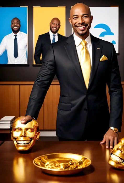 bald black man hip hop executive in suit and tie in large conference room with posters. ((he is smiling with a gold tooth in his mouth:1.2)) 