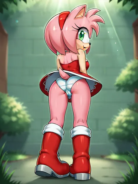 score_9, score_8_up, score_7_up, score_6_up, score_5_up, score_4_up, amy rose, (behind view), (ass focus) (2D anime style), anthro furry, pink fur, green eyes, small tail, medium breasts,  strapless, (cute red short dress), (red boots), (pantyshot), (cute ...