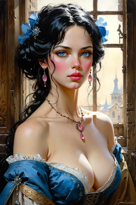 Victorian Hungarian women Women of the 14th century, Black hair, Pink lips, Nice feature, Wadim Kashin, james gurney, ink, Splash Art", Amazing beauty , Royo, after sexing, Super detailed splash art modern European oil ink painting, Mid Gorgeous chests, Go...