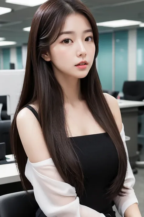 {2.5D art style} Han Julie is a young Korean woman in her 28s. Her hair is long in a dark color. Her face is oval and marked by her large brown eyes, which carry a cold, unexpressive face. Her skin is radiant and clear, presenting an impeccable state of he...