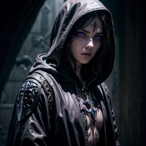 A highly detailed portrait of a Breton necromancer/stealth hybrid worshiper of Namira, brown leather armor, hooded robe, glowing purple eyes, pale skin, sinister expression, intricate tattoos, holding an ornate dagger, dark shadowy background, dramatic lig...