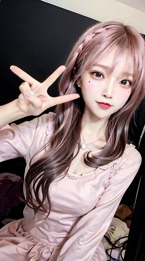 Photo Realistic Woman, Woman brown eyes, brown hair, UltraHD, surreal인 스타일, detailed 얼굴  머리카락(pink,twin tail,floating,rolling,detailed,shining),hair clip(mind),Costume(pink colored gothic lolita),(narrow eyes),very cute pose,(chest:1.3),open cleavage, cute...