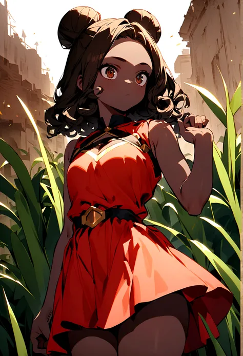 My Hero Academia Capture female with long waist length curly black, singular bun, brown irises, sleeveless red dress skirt, caramel colored skin