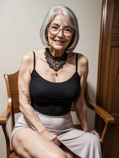 Mature old woman 80 years with silver hair, plus size, old face and body with many wrinkles, smiling, loose skin, she smiling, posing in front of the wall, sitting on the chair, She wearing tight bodycon dress, large neckline and lace stockings and glasses...