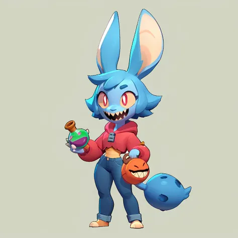 full body view from a round creature with blue fur, female, long ears, smiling, sharp teeth, wearing jeans, friendly round creat...