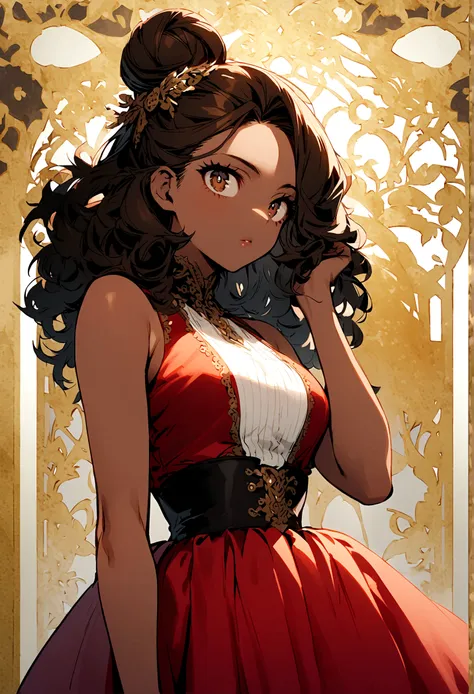 My Hero Academia Capture female with long waist length curly black, singular bun, brown irises, sleeveless red pirate dress skirt, caramel colored skin