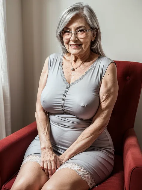 Mature old woman 80 years with silver hair, plus size, old face and body with many wrinkles, smiling, loose skin, she smiling, posing in front of the wall, sitting on the chair, She wearing tight red bodycon dress, large neckline and lace stockings and gla...