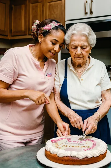 granddaughter helping elderly grandmother to bake a cake 