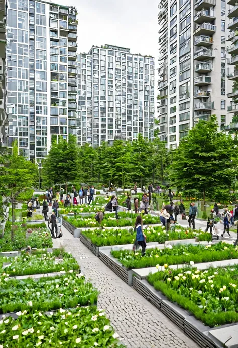 pedestrian view. people happily working in large collective gardens, in the background modern residential buildings 