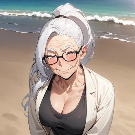 Top quality, masterpiece, 60 years old, muscular old woman, wrinkles on face, glasses, white hair, ponytail, ((棒でスイカを叩く)), sandy beach, sea
