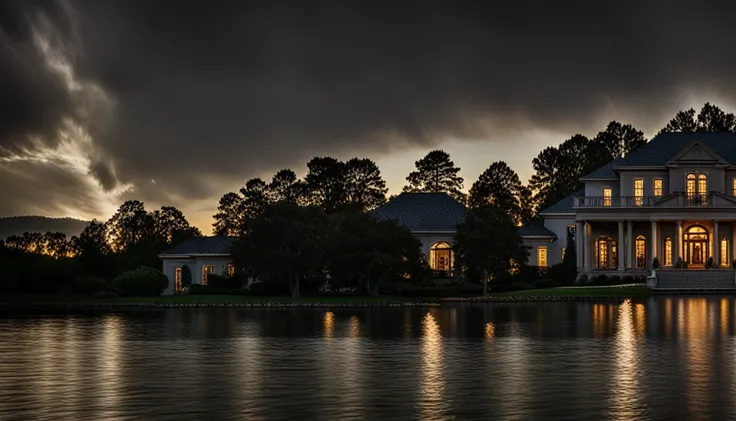 The front of a house on the lake is a dark night with little lighting.