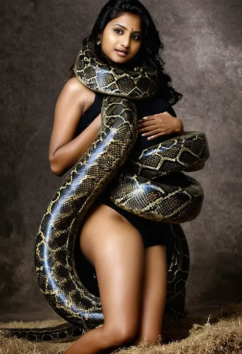 Pregnant Happy Horny, aroused 1girl), beautiful kneeling Indian  young teen girl with  giant colossal black titanboa squeezing her hard, wrapped in thick spiraling coils, constricted, struggle, gasping for air, snake attack, snake peril, moonless night, di...