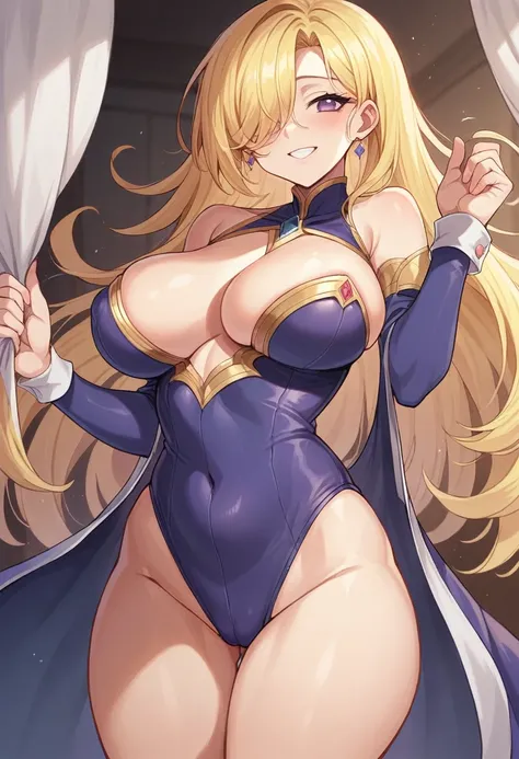 ((Best Quality)), ((Masterpiece)), (detailed), 1 girl, Pastel yellow hair, wide, hair covers one eye, purple eyes, tight, big breasts, big thighs, expression smiling shy, at home, duchansose, unclothed, holding her breasts