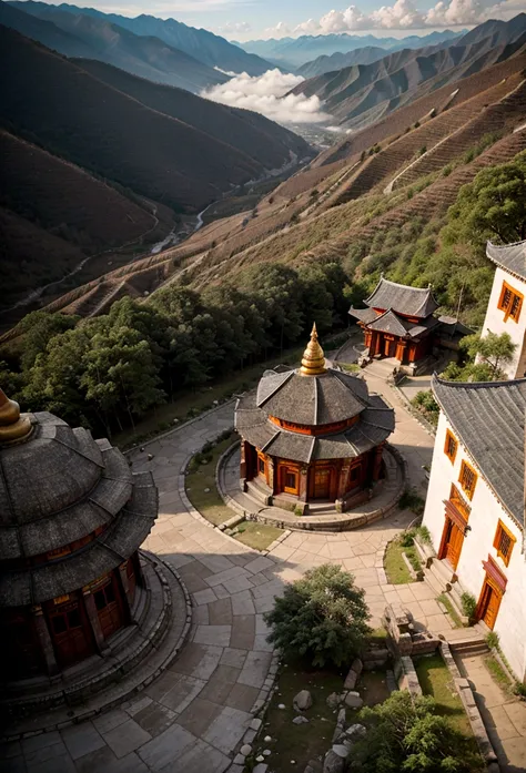 buddhist monastery, in a mountainous area, viewed from the top