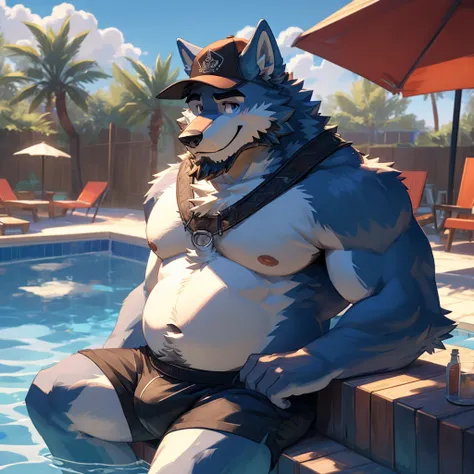 (Best Quality), (Ultra Details), (Eyes Details), (Ultra HD) ,Furry, anthro, Wolf, Light Blue Fur , Chubby , Beard , Middle Ages , Naked , Wearing Boxer , Wearing Black Cap , Pool Party , Sit Alone , Shy , Smile , Sunglasses Top His Hats