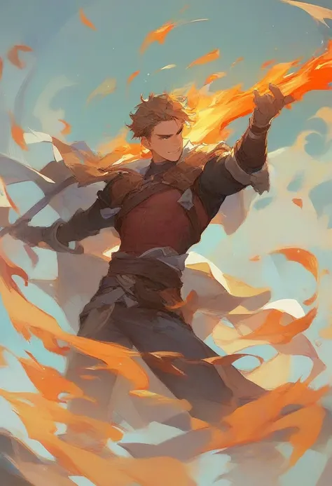 Man with blond hair with a flaming sword