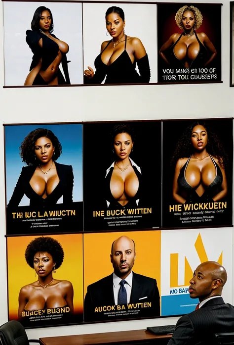 bald black man hip hop executive in suit and tie in a large conference room with ((posters of exposed very busty women:1.3)). 