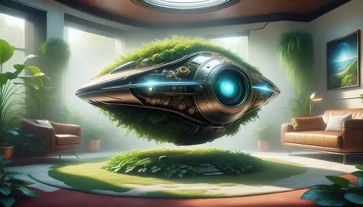 one organic steampunk mechanical sci-fi UFO sits on the floor of a modern living room with carpet, planted with plants, Modern interior, high quality photo, Ultra high resolution, (Photorealistic:1.4), cinema lighting, insanely detailed, hyperrealistic, sm...