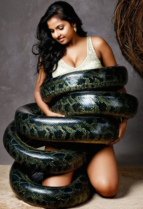 Pregnant Happy Horny, aroused 1girl), beautiful kneeling Indian  young teen girl with  giant colossal black titanboa squeezing her hard, wrapped in thick spiraling coils, constricted, struggle, gasping for air, snake attack, snake peril, moonless night, di...