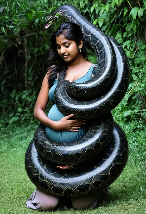 pregnant happy horny, aroused 1girl), beautiful kneeling indian  young teen girl with  giant colossal black titanboa squeezing h...