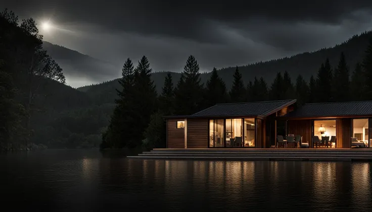 The front of a simple house on the lake on a dark night with little lighting.