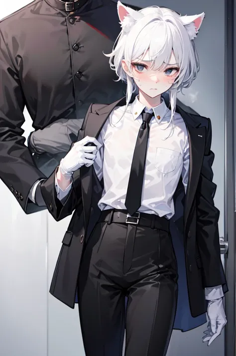 A 18-year-old boy, white and tender skin, cute, wearing white long-sleeved shirt, black jacket and black work tie, black trousers, black booties, white gloves, collar, white hair,wear cat ears, black eyes, thin waist, thin legs, handsome, disdainful and in...