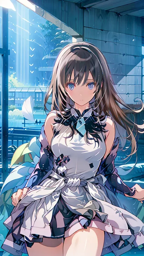 best quality, extremely detailed, anime style girl, long hair down to the waist, straight hair, dark black hair with bluish, beautiful detailed eyes, pinched eyes, dark blue eyes, huge breasts,curvy, ((((A dress made of running water and light)))),hair acc...