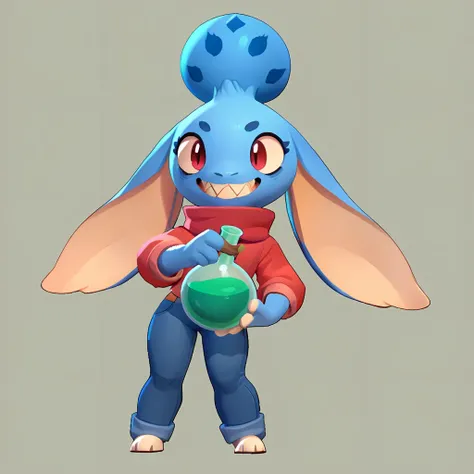 Full body view from a round creature with blue fur, female, long ears, smiling, sharp teeth, wearing jeans, friendly round creature, holding a green potion in his hand