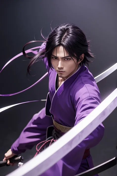 anime character cutting a line with his katana, 4k, predominant color purple