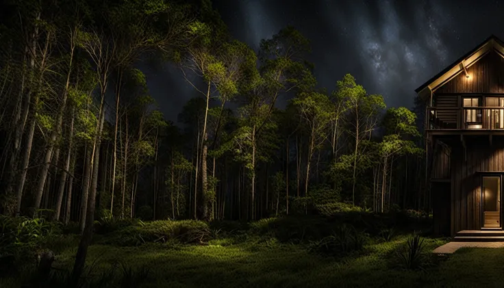 The front of a simple, small house in the forest on a dark night with little lighting at all