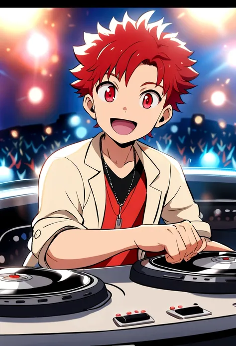 anime style, Furro, red eyed boy, dj, happy, Argentinian 