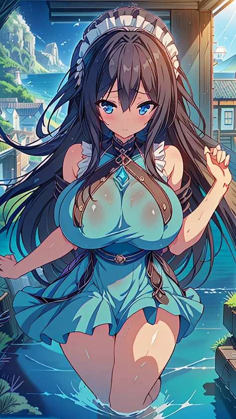 best quality, extremely detailed, anime style girl, long hair down to the waist, straight hair, dark black hair with bluish, beautiful detailed eyes, pinched eyes, dark blue eyes, huge breasts,curvy, ((((A dress made of running water and light)))),hair acc...