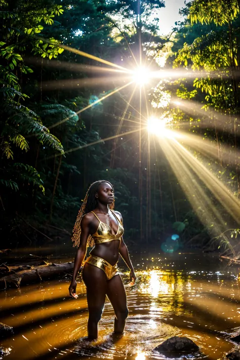 Water, African beautiful spirit woman, liquid gold clothes, rainforest, on background forest fires, RAW photo, fov, lens flare, god rays, overlay, volumetric fog, cinematic light, depth of field, epic, Realism, wallpaper, detailed, small details, intricate...